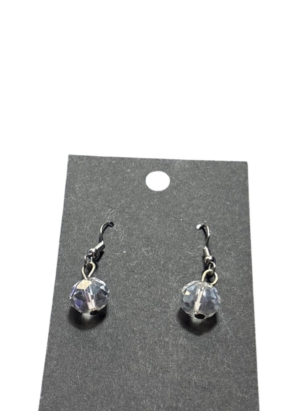 Clear Faceted Glass Bead Dangle Earrings Silvertone Hooks 0.75 inch Long